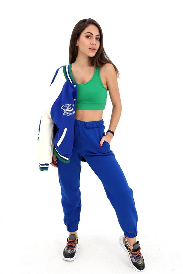 Beli ve Paçası Lastikli Yüksek Bel Üç İplik Eşofman Altı - SaksMavisi