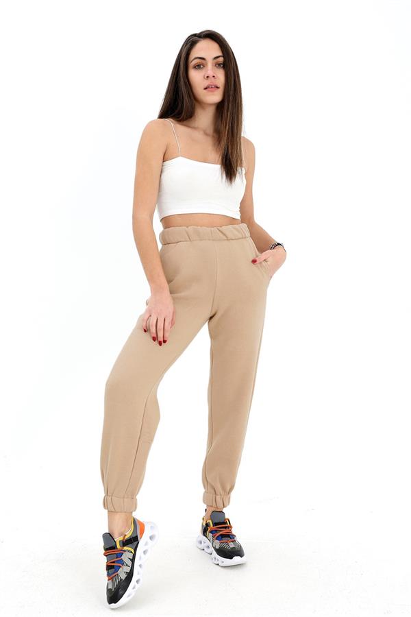 Beli ve Paçası Lastikli Yüksek Bel Üç İplik Eşofman Altı - Bej