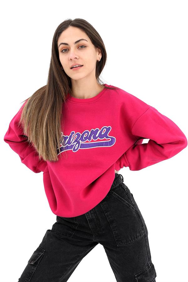 Bisiklet Yaka Aplike Nakışlı Üç İplik Sweat - Fuşya