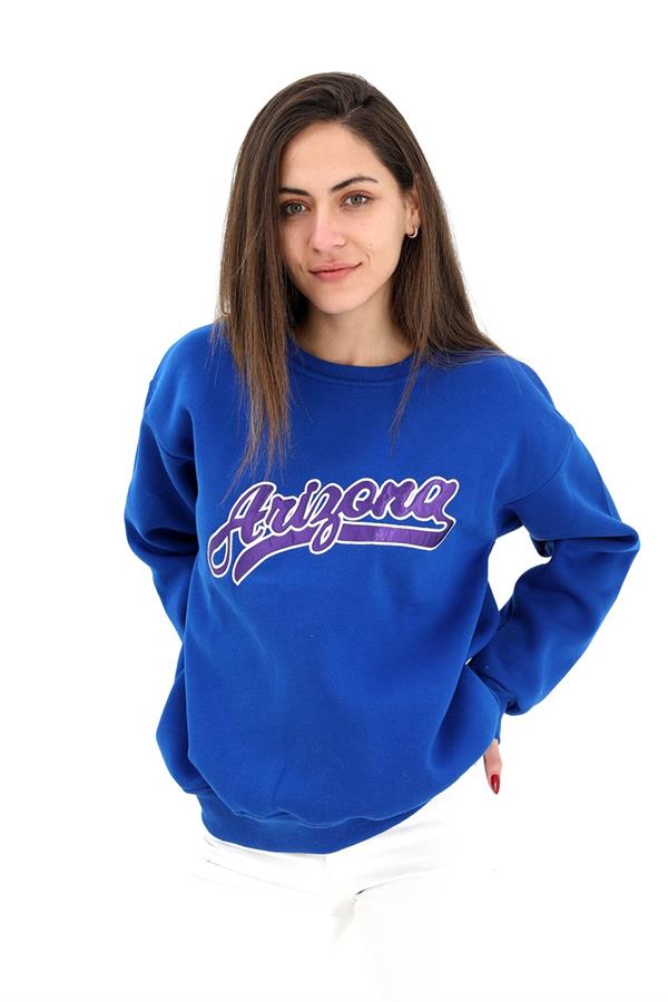 Bisiklet Yaka Aplike Nakışlı Üç İplik Sweat - SaksMavisi