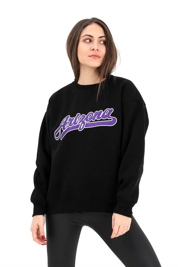 Bisiklet Yaka Aplike Nakışlı Üç İplik Sweat - Siyah