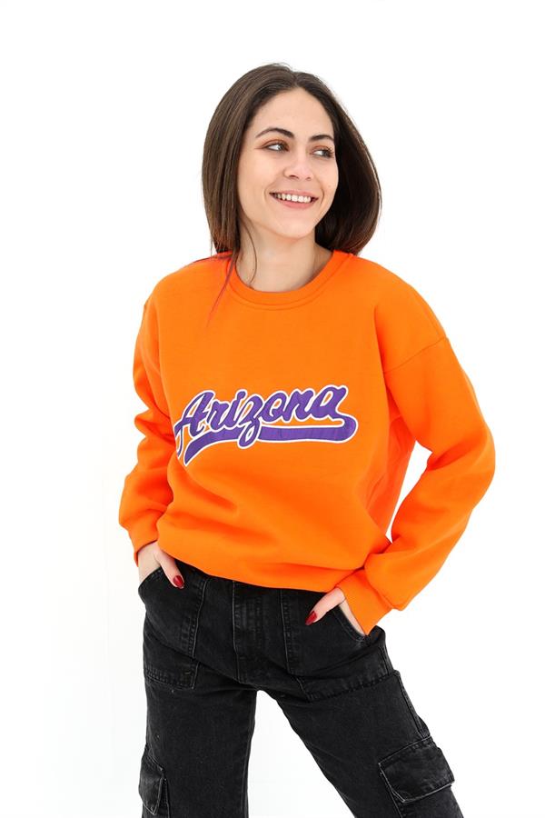 Bisiklet Yaka Aplike Nakışlı Üç İplik Sweat - Turuncu