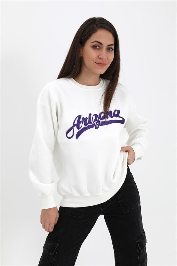 Bisiklet Yaka Aplike Nakışlı Üç İplik Sweat - Ekru