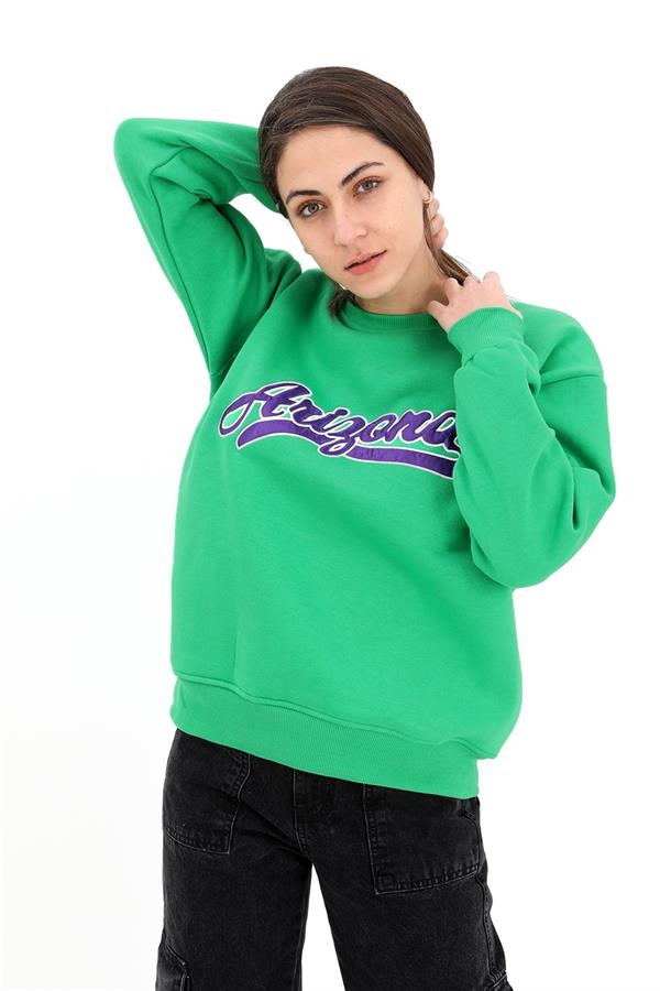 Bisiklet Yaka Aplike Nakışlı Üç İplik Sweat - Yeşil
