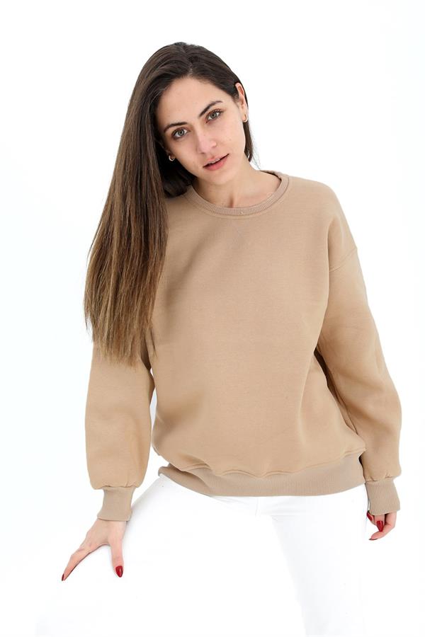 Bisiklet Yaka Basıc Üç İplik Sweat - Bej