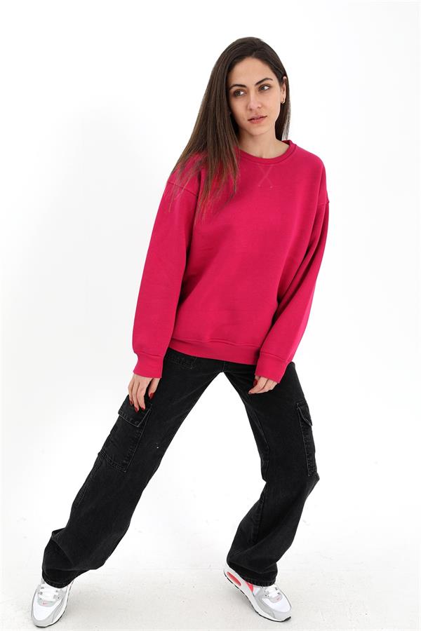 Bisiklet Yaka Basıc Üç İplik Sweat - Fuşya