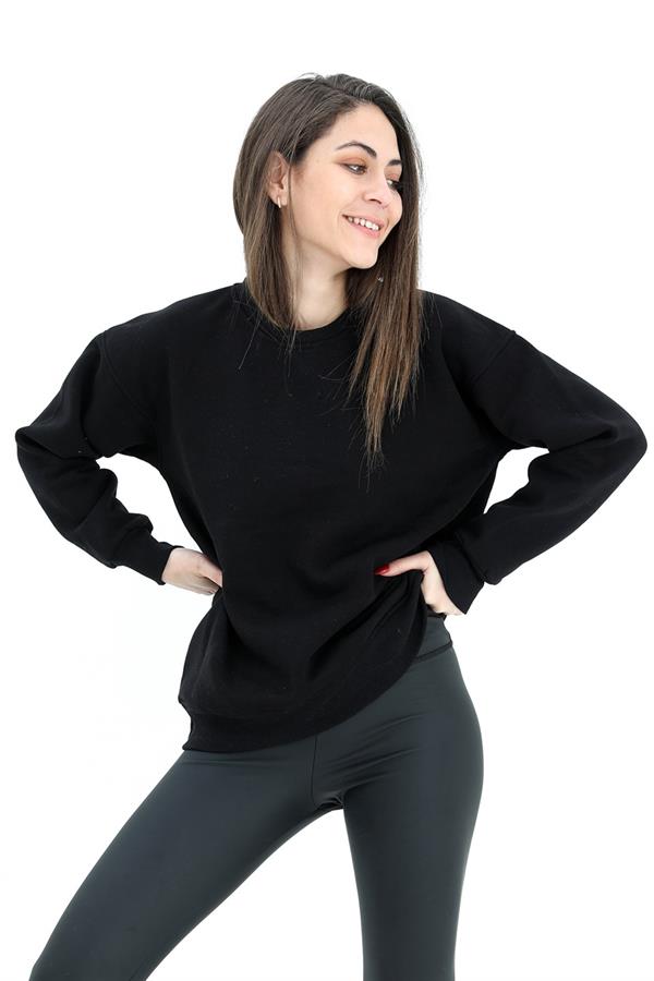 Bisiklet Yaka Basıc Üç İplik Sweat - Siyah