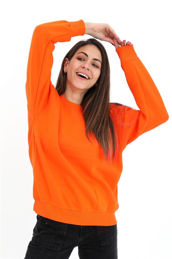 Bisiklet Yaka Basıc Üç İplik Sweat - Turuncu