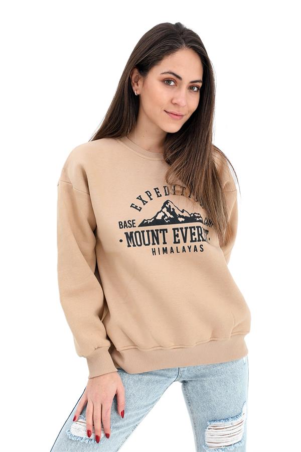 Bisiklet Yaka Baskılı Üç İplik Sweat - Bej