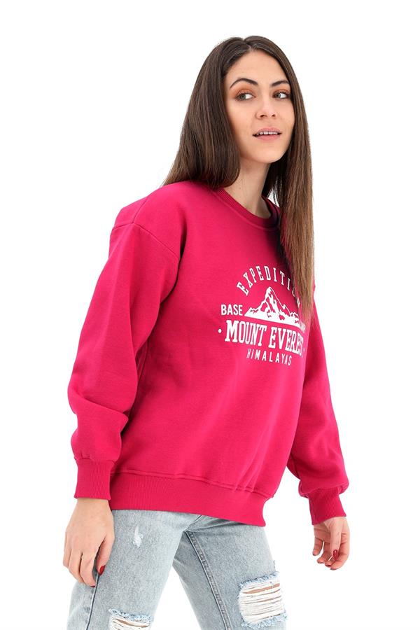 Bisiklet Yaka Baskılı Üç İplik Sweat - Fuşya