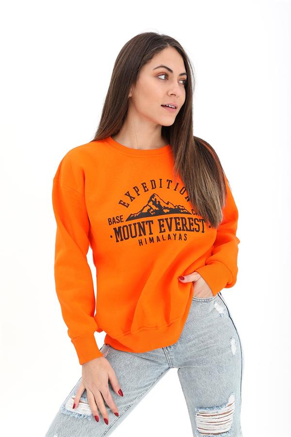 Bisiklet Yaka Baskılı Üç İplik Sweat - Turuncu