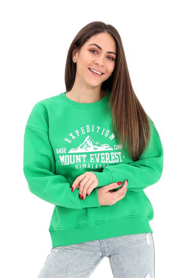 Bisiklet Yaka Baskılı Üç İplik Sweat - Yeşil