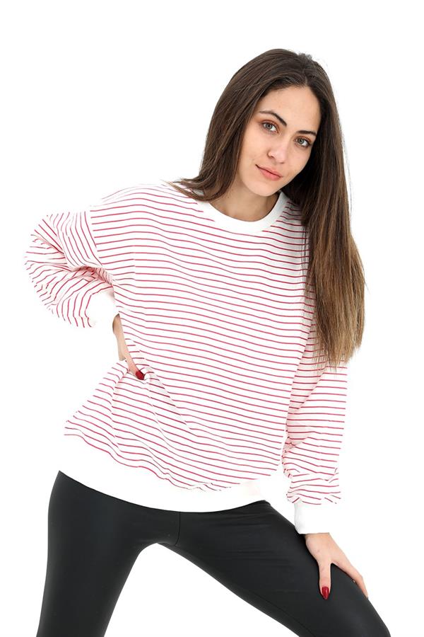 Bisiklet Yaka Çizgili Sweat - Fuşya