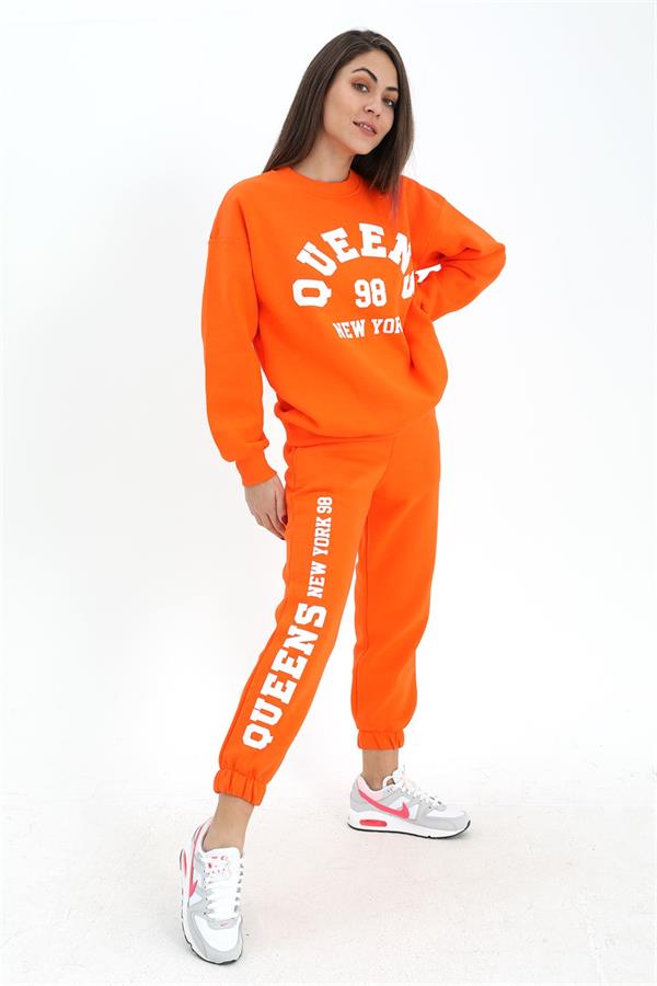Bisiklet Yaka Quens Baskılı Üç İplik Eşofman Takımı - Turuncu