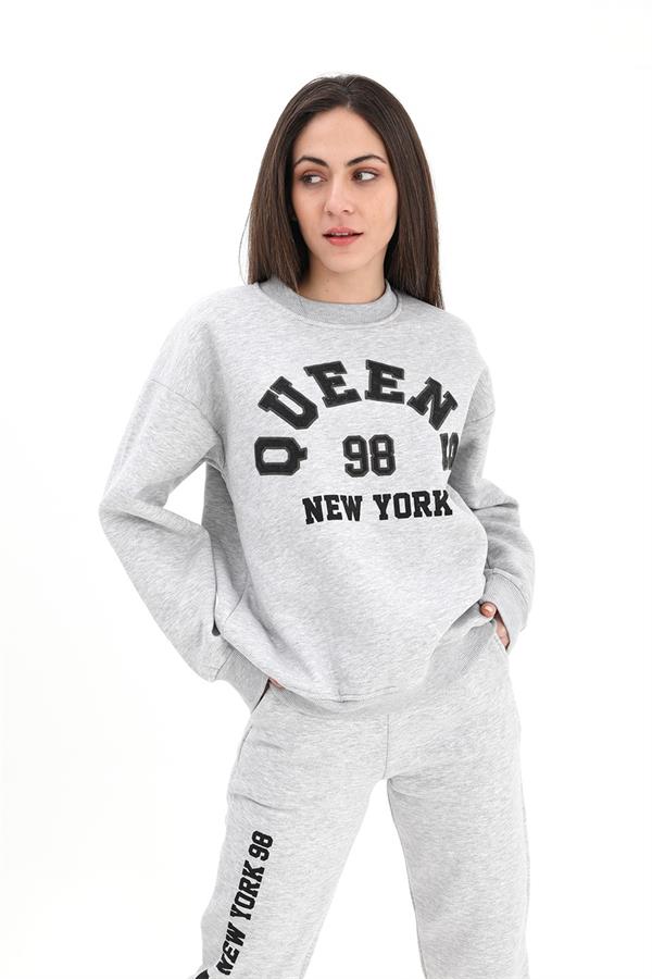 Bisiklet Yaka Quens Baskılı Üç İplik Eşofman Takımı - Gri