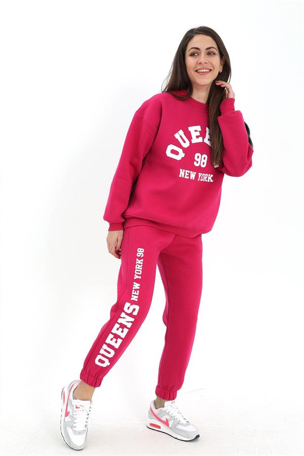 Bisiklet Yaka Quens Baskılı Üç İplik Eşofman Takımı - Fuşya