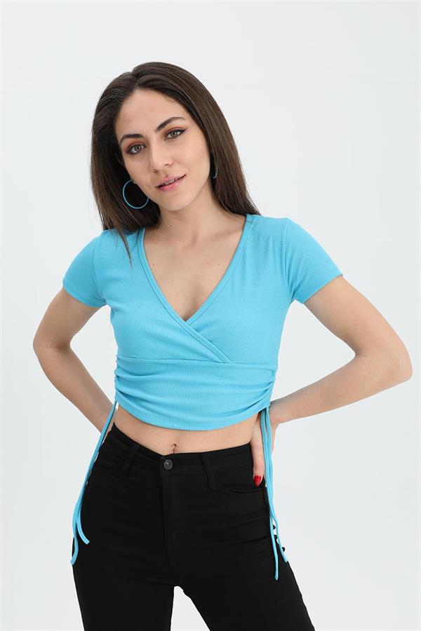 Bluz Kruvaze Yaka Yanları Tünelli - Mavi