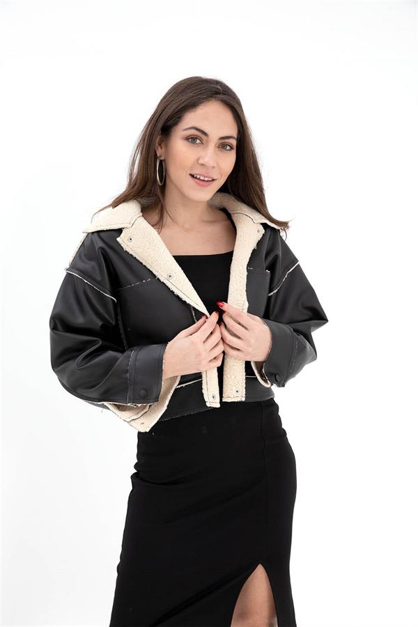 Çıtçıtlı İçi Peluş Deri Mont - Siyah