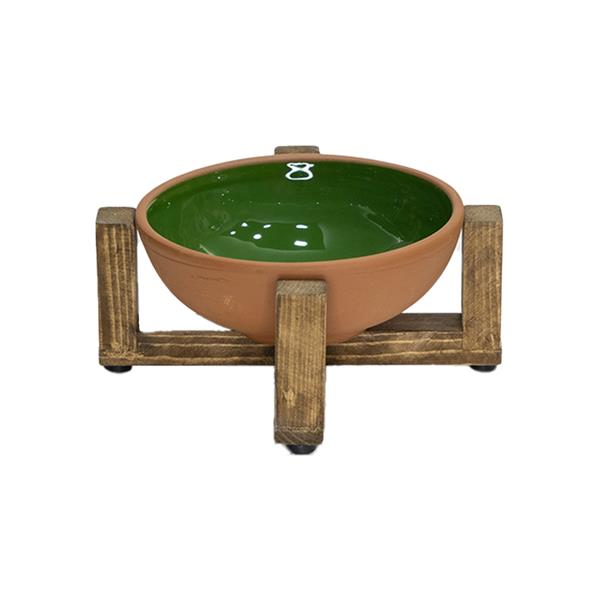 Doğal Sırlı Pişmiş Toprak Kedi Köpek Mama Kabı Ahşap Standlı Sağlam Anti-Bakteriyel Kedi Köpek Kaseleri