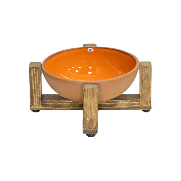 Doğal Sırlı Pişmiş Toprak Kedi Köpek Mama Kabı Ahşap Standlı Sağlam Anti-Bakteriyel Kedi Köpek Kaseleri