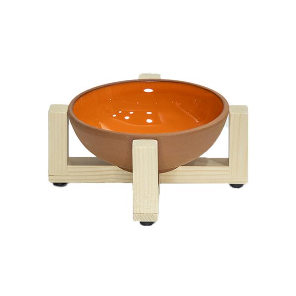Doğal Sırlı Pişmiş Toprak Kedi Köpek Mama Kabı Ahşap Standlı Anti-Bakteriyel Kedi Köpek Kaseleri