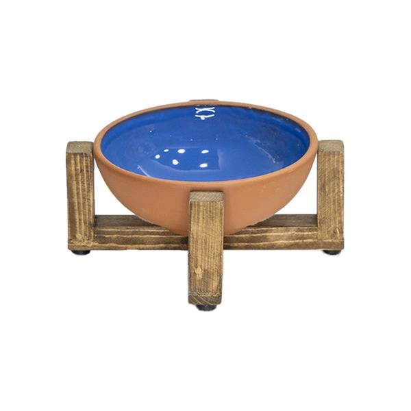 Doğal Sırlı Pişmiş Toprak Kedi Köpek Mama Kabı Ahşap Standlı Sağlam Anti-Bakteriyel Kedi Köpek Kaseleri