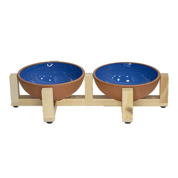 Doğal Sırlı Pişmiş Toprak Kedi Köpek Mama Kabı Ahşap Standlı Anti-Bakteriyel İkili Kedi Köpek Kaseleri