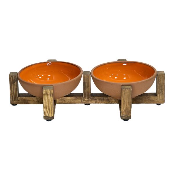 Doğal Sırlı Pişmiş Toprak Kedi Köpek Mama Kabı Ahşap Standlı Anti-Bakteriyel İkili Kedi Köpek Kaseleri