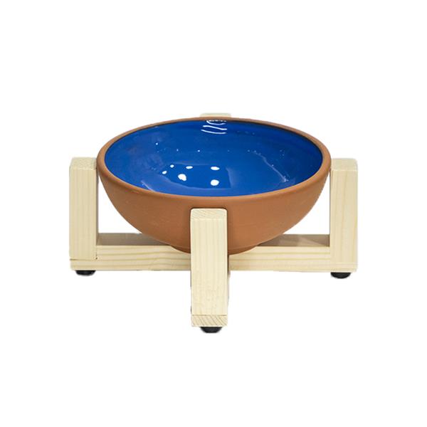 Doğal Sırlı Pişmiş Toprak Kedi Köpek Mama Kabı Ahşap Standlı Sağlam Anti-Bakteriyel Kedi Köpek Kaseleri