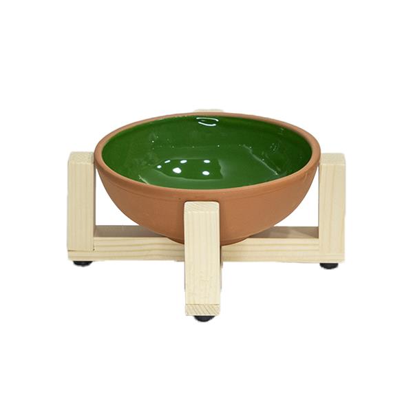 Doğal Sırlı Pişmiş Toprak Kedi Köpek Mama Kabı Ahşap Standlı Sağlam Anti-Bakteriyel Kedi Köpek Kaseleri