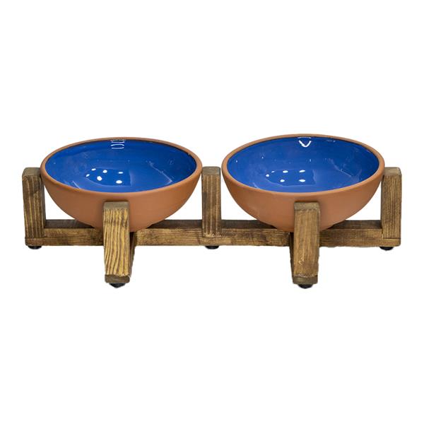 Doğal Sırlı Pişmiş Toprak Kedi Köpek Mama Kabı Ahşap Standlı Anti-Bakteriyel İkili Kedi Köpek Kaseleri