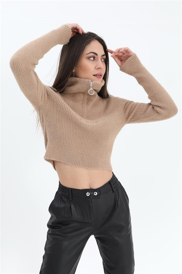 Fermuarlı Fitilli Triko Kazak - Camel
