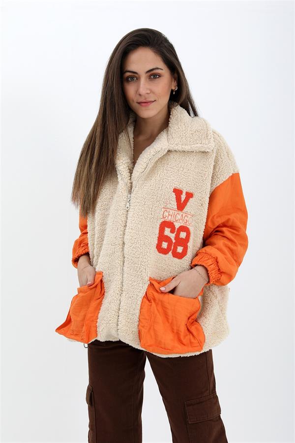 Kapitoneli Nakışlı Peluş Mont - Turuncu
