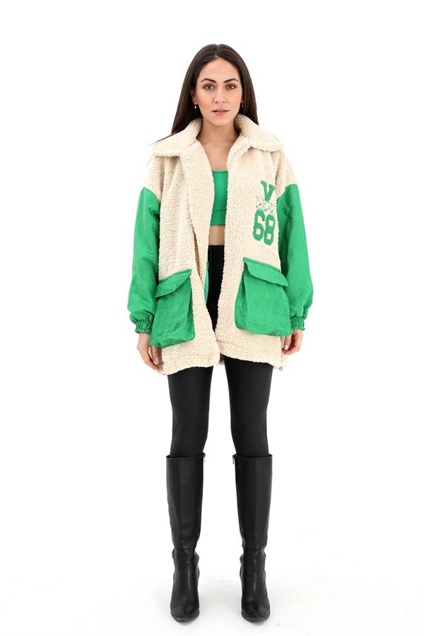 Kapitoneli Nakışlı Peluş Mont - Yeşil