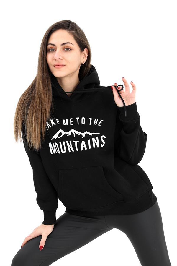 Kapüşonlu Baskılı Beli Lastikli Üç İplik Sweat - Siyah