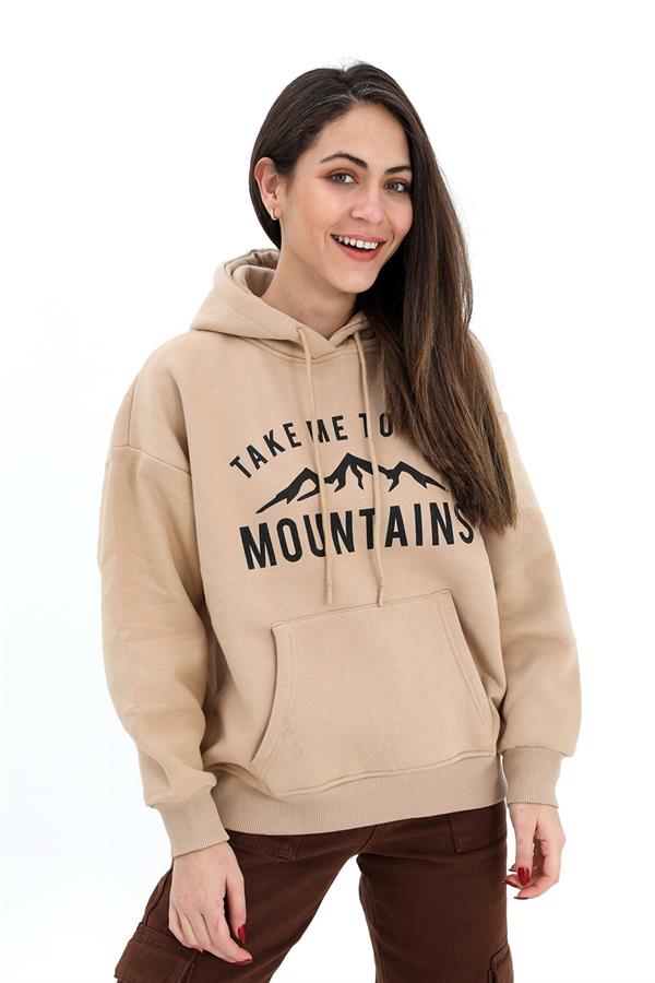 Kapüşonlu Baskılı Beli Lastikli Üç İplik Sweat - Bej