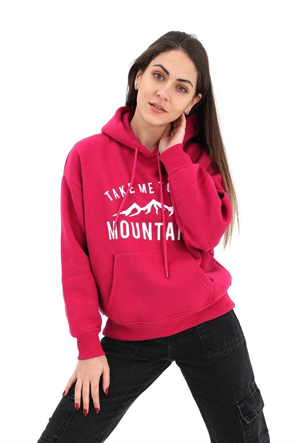 Kapüşonlu Baskılı Beli Lastikli Üç İplik Sweat - Fuşya