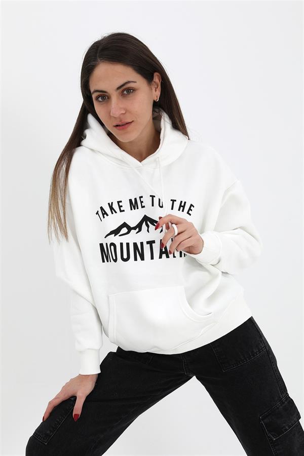 Kapüşonlu Baskılı Beli Lastikli Üç İplik Sweat - Ekru
