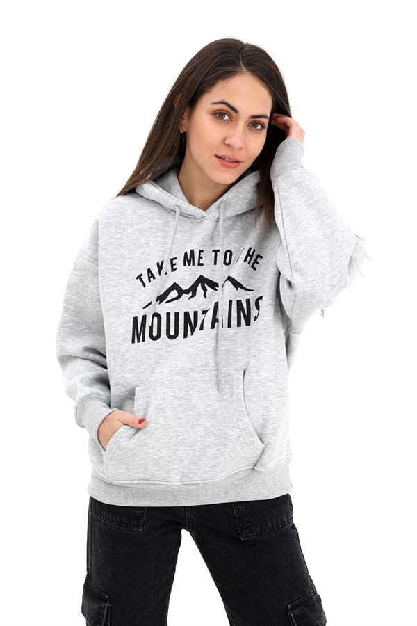 Kapüşonlu Baskılı Beli Lastikli Üç İplik Sweat - Gri