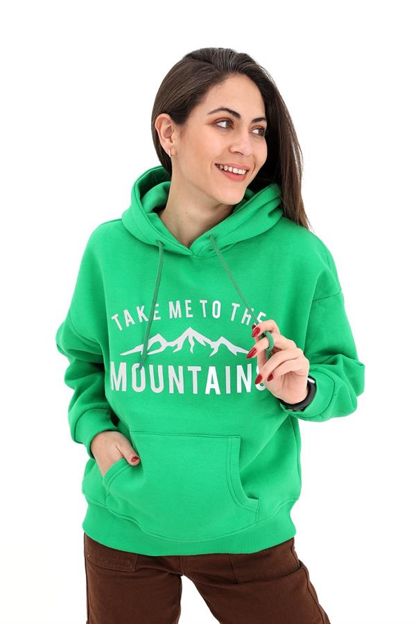 Kapüşonlu Baskılı Beli Lastikli Üç İplik Sweat - Yeşil