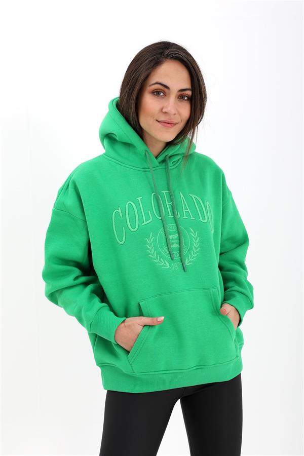 Kapüşonlu Colorado Nakışlı Üç İplik Sweat - Yeşil