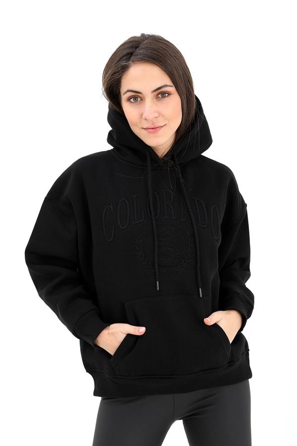 Kapüşonlu Colorado Nakışlı Üç İplik Sweat - Siyah