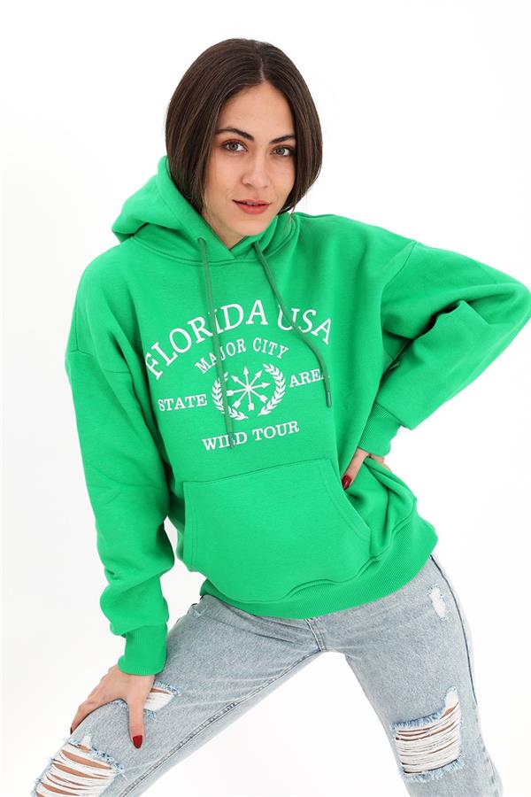 Kapüşonlu Florida Baskılı Üç İplik Sweat - Yeşil