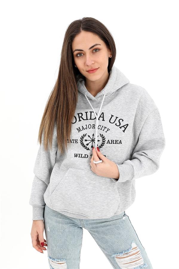 Kapüşonlu Florida Baskılı Üç İplik Sweat - Gri