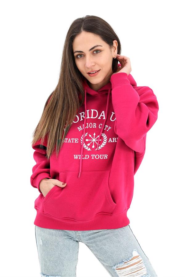 Kapüşonlu Florida Baskılı Üç İplik Sweat - Fuşya