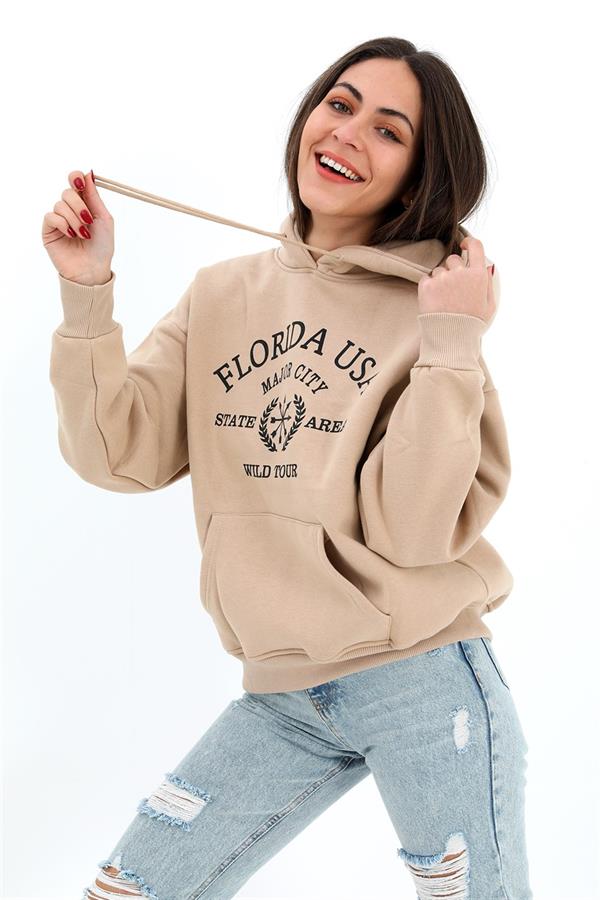 Kapüşonlu Florida Baskılı Üç İplik Sweat - Bej