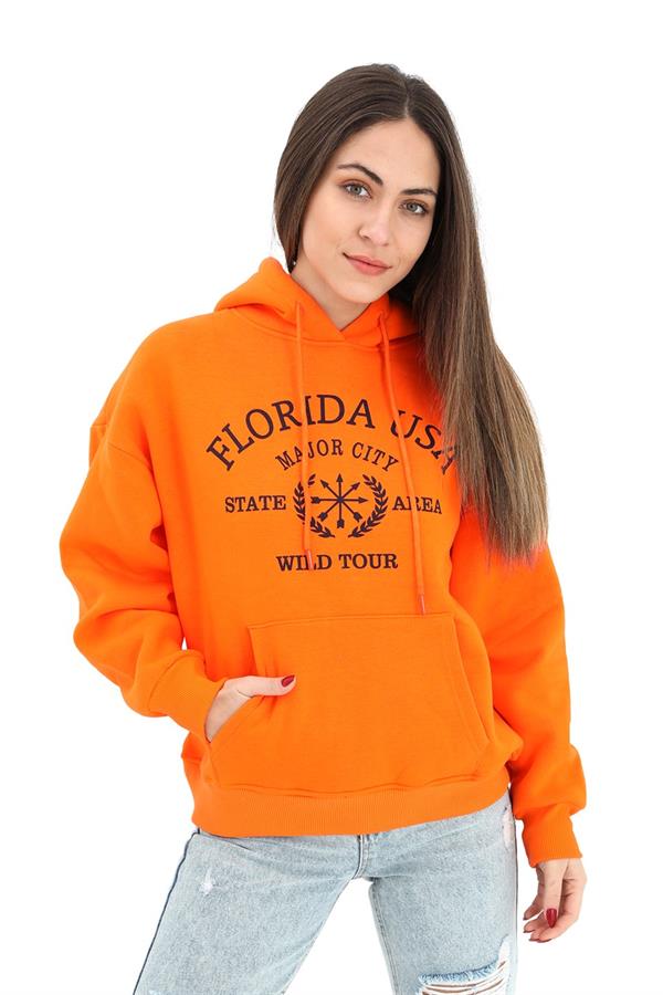 Kapüşonlu Florida Baskılı Üç İplik Sweat - Turuncu
