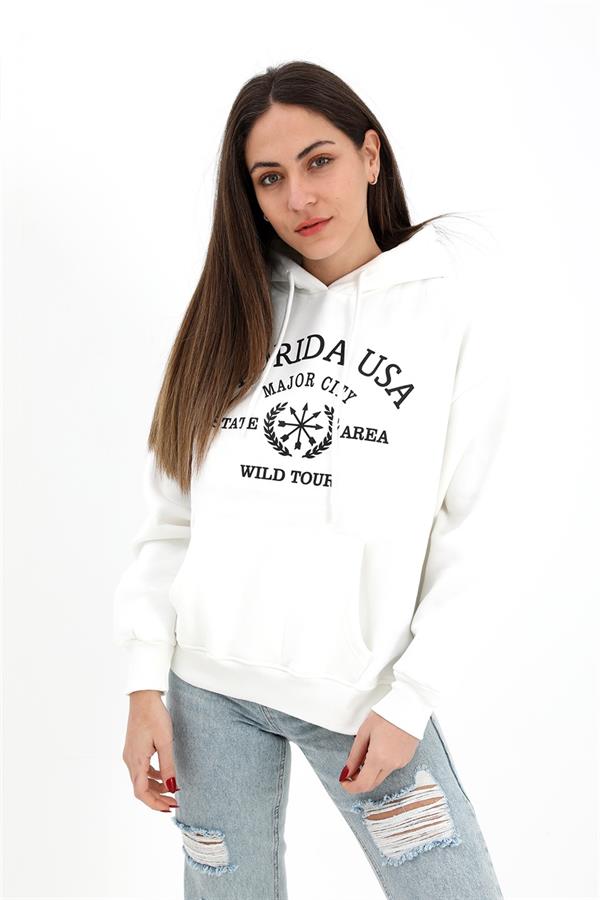 Kapüşonlu Florida Baskılı Üç İplik Sweat - Ekru