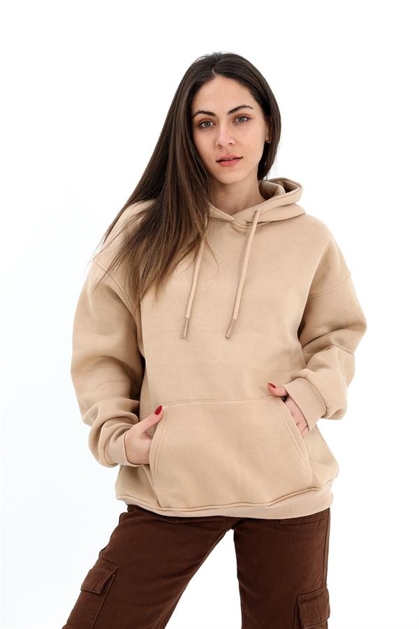 Kapüşonlu Kanguru Cepli Oversize Sweatshirt - Bej