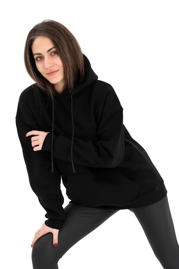 Kapüşonlu Kanguru Cepli Oversize Sweatshirt - Siyah